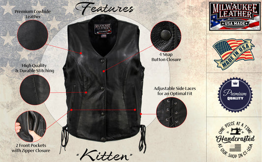 Milwaukee Leather USA MADE MLVSL5002 Women's Black Kitten Leather Motorcycle Vest with Side Laces