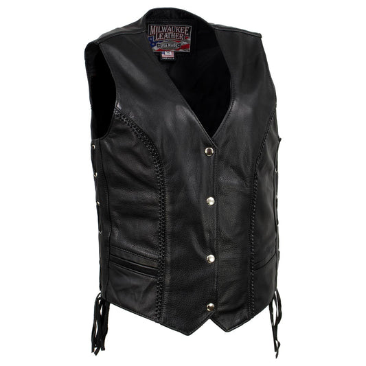 Milwaukee Leather USA MADE MLVSL5001 Women's Black Vivacious Braided Motorcycle Leather Vest