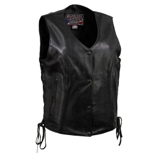 Milwaukee Leather USA MADE MLVSL5002 Women's Black Kitten Leather Motorcycle Vest with Side Laces