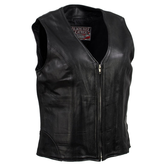 Milwaukee Leather USA MADE MLVSL5003 Women's Black Speed Queen Motorcycle Leather Vest with Front Zipper