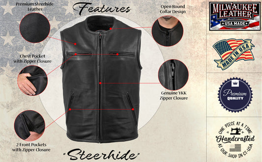 Milwaukee Leather USA MADE MLVSM5001 Men's Black Steerhide Premium Leather Motorcycle Club Style Vest