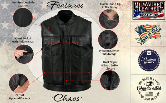 Milwaukee Leather USA MADE MLVSM5004 Men's Black Chaos Premium Dual Closure Motorcycle Leather Vest