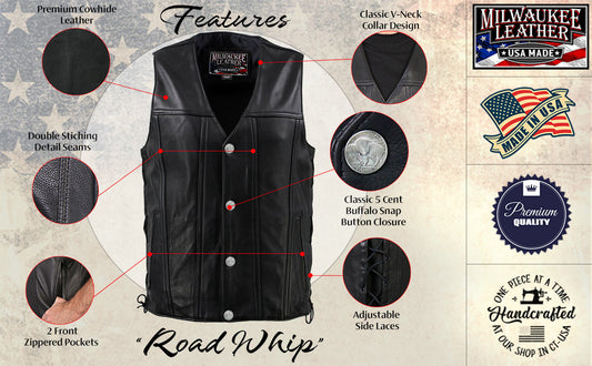 Milwaukee Leather USA MADE MLVSM5005 Men's Black Road Whip Premium Motorcycle Leather Vest with Buffalo Snap Buttons