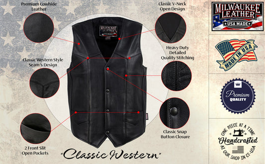 Milwaukee Leather USA MADE MLVSM5006 Men's Black Classic Western Premium Motorcycle Rider Leather Vest