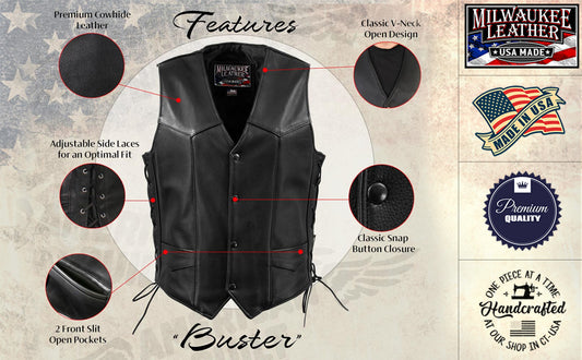 Milwaukee Leather USA MADE MLVSM5008 Men's Black 'Buster' Side Lace Premium Motorcycle Leather Vest