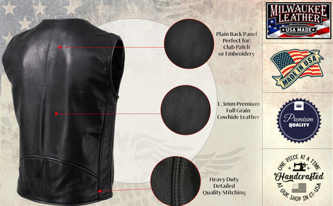 Milwaukee Leather USA MADE MLVSM5009 Men's Black 'Slinger' V-Neck Motorcycle Premium Leather Zippered Vest