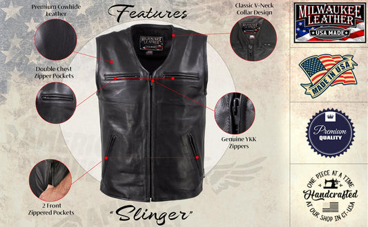 Milwaukee Leather USA MADE MLVSM5009 Men's Black Slinger V-Neck Motorcycle Premium Leather Zippered Vest