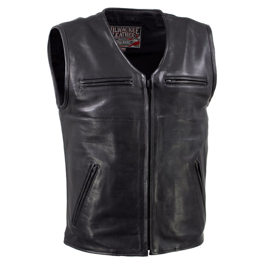 Milwaukee Leather USA MADE MLVSM5009 Men's Black Slinger V-Neck Motorcycle Premium Leather Zippered Vest