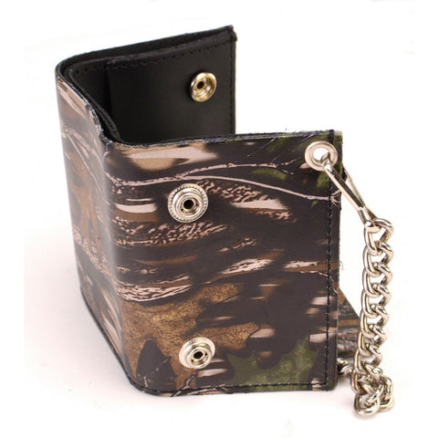 Milwaukee Leather MLW7804 Men's 4” Camouflage Tri-Fold Leather Biker Wallet w/ Anti-Theft Stainless Steel Chain