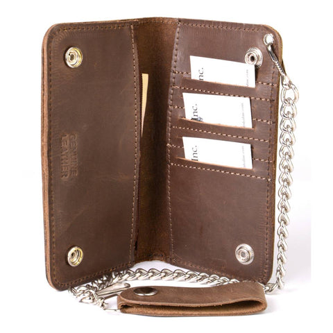 Milwaukee Leather MLW7887 Men's 6.75” Distress Brown Leather Bi-Fold Biker Wallet w/ Anti-Theft Stainless Steel Chain