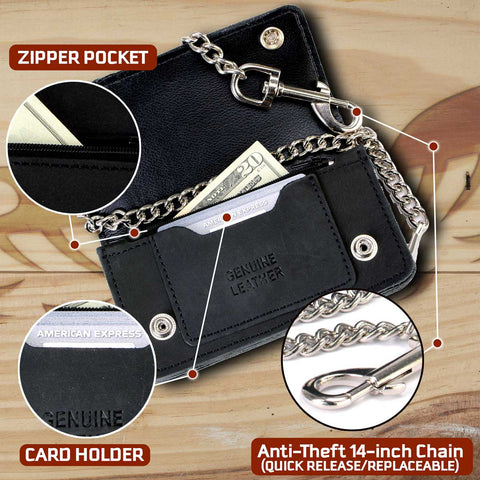 Milwaukee Leather MLW7890 Men's 6" Leather Bi-Fold Biker Wallet w/ Anti-Theft Stainless Steel Chain and Zipper Pocket