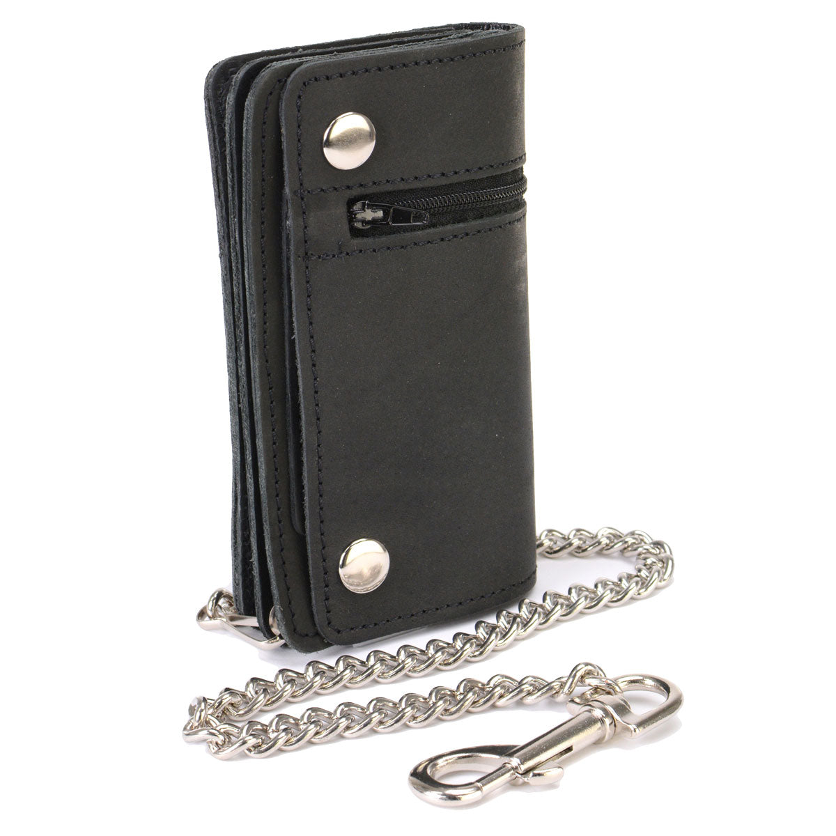 Hot Leathers WLC3108 6" Men's 6" Black Premium Leather Bi-Fold Biker Wallet w/Zipper Pocket - GRP