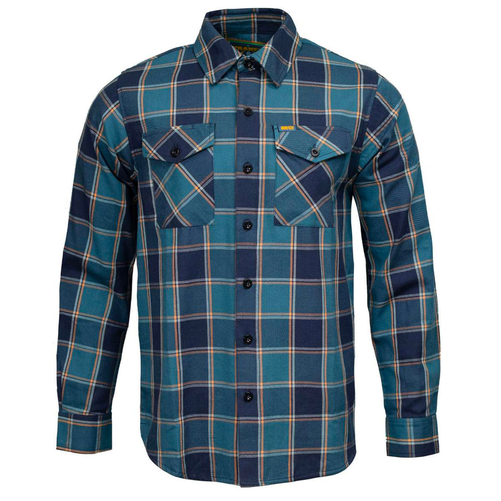 MMCC The Kraken Men's Blue Teal Orange Plaid Flannel Shirt - 100% Cotton Long Sleeve Button-Up - MMC11600