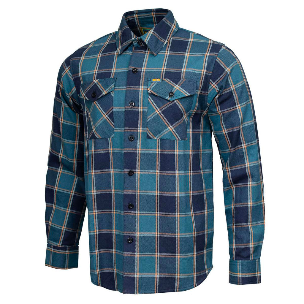 MMCC The Kraken Men's Blue Teal Orange Plaid Flannel Shirt - 100% Cotton Long Sleeve Button-Up - MMC11600