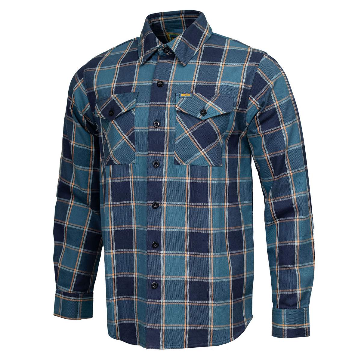 MMCC The Kraken Men's Blue Teal Orange Plaid Flannel Shirt - 100% Cotton Long Sleeve Button-Up - MMC11600