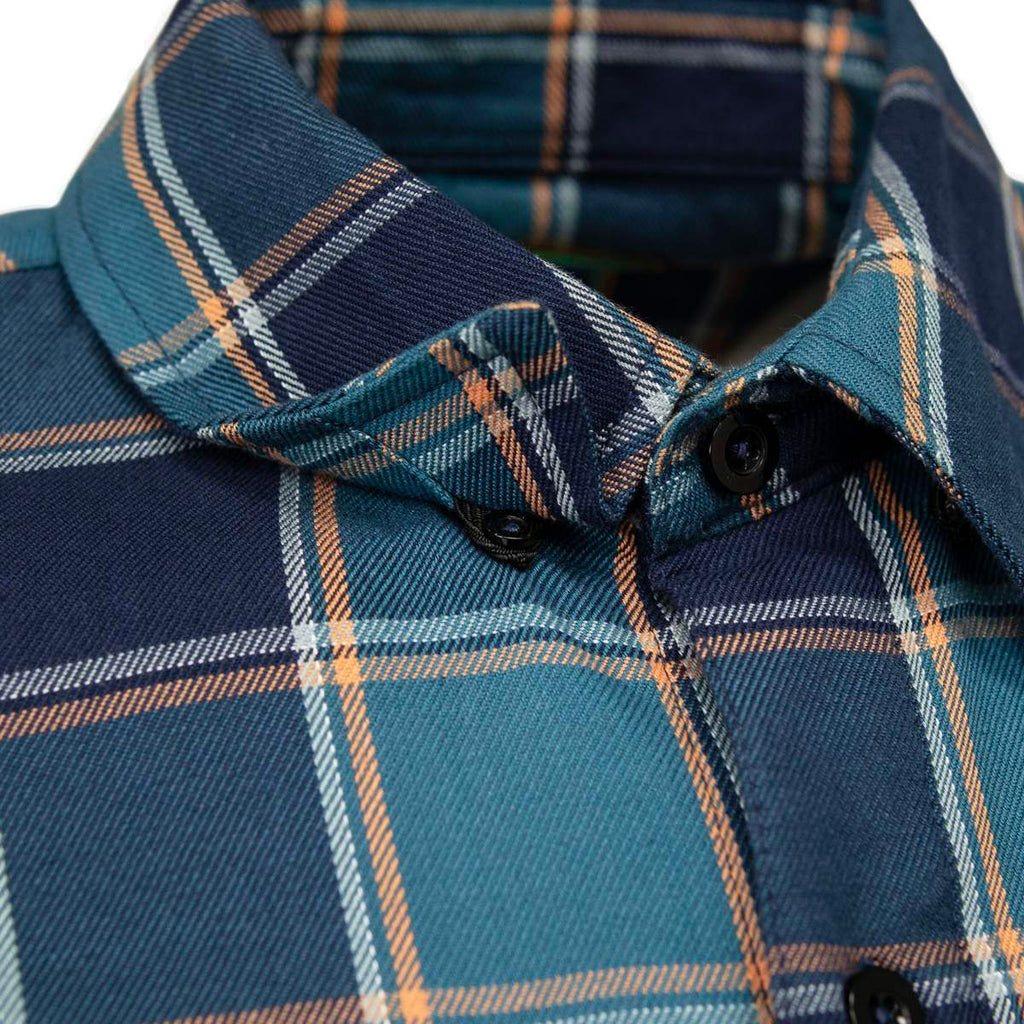 MMCC The Kraken Men's Blue Teal Orange Plaid Flannel Shirt - 100% Cotton Long Sleeve Button-Up - MMC11600