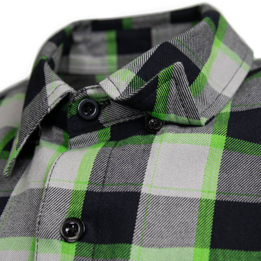 MMCC Men's Radioactive Black Gray Green Plaid Long Sleeve Flannel Shirt - Button-Up - MMC11602