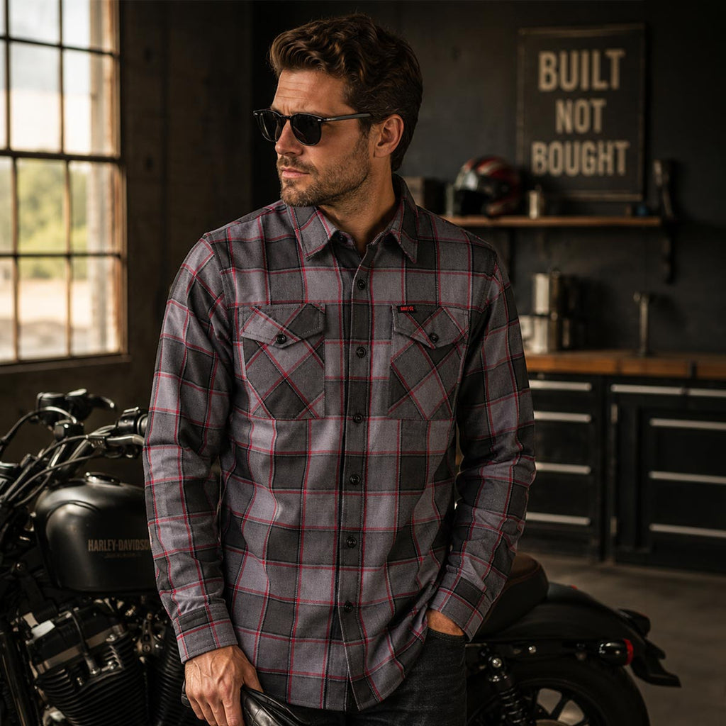 MMCC Men's The Shadow Grey Red Plaid Flannel Shirt - 100% Cotton with Microfiber Wipe Panel - MMC11603