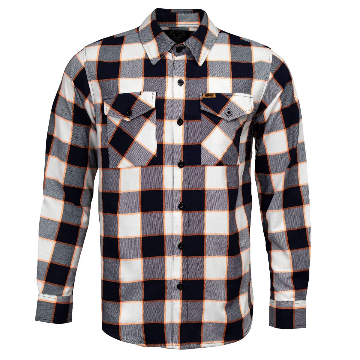 MMCC Men's Alpha Navy White Orange Plaid Flannel Shirt - 100% Cotton with Microfiber Wipe Panel - MMC11604