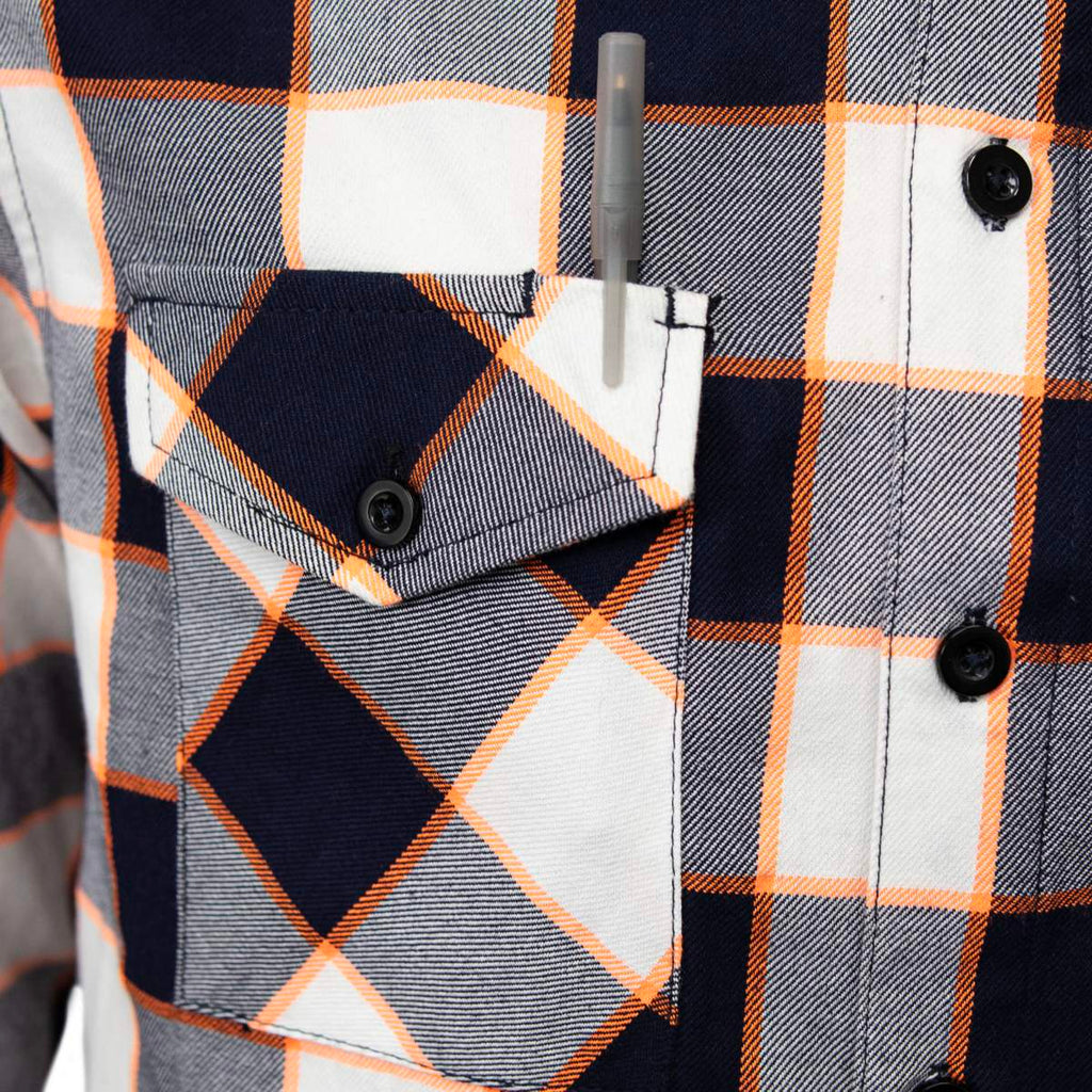 MMCC Men's Alpha Navy White Orange Plaid Flannel Shirt - 100% Cotton with Microfiber Wipe Panel - MMC11604