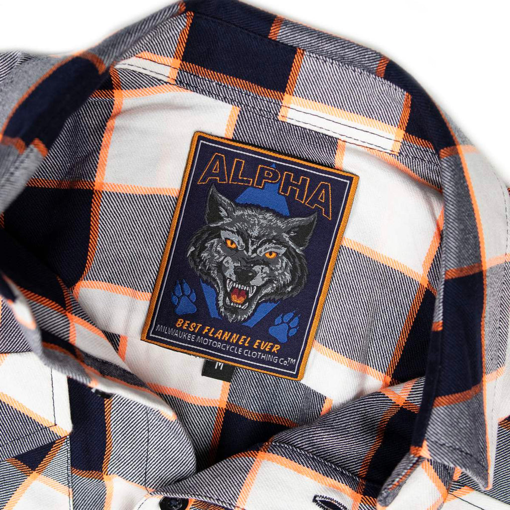 MMCC Men's Alpha Navy White Orange Plaid Flannel Shirt - 100% Cotton with Microfiber Wipe Panel - MMC11604