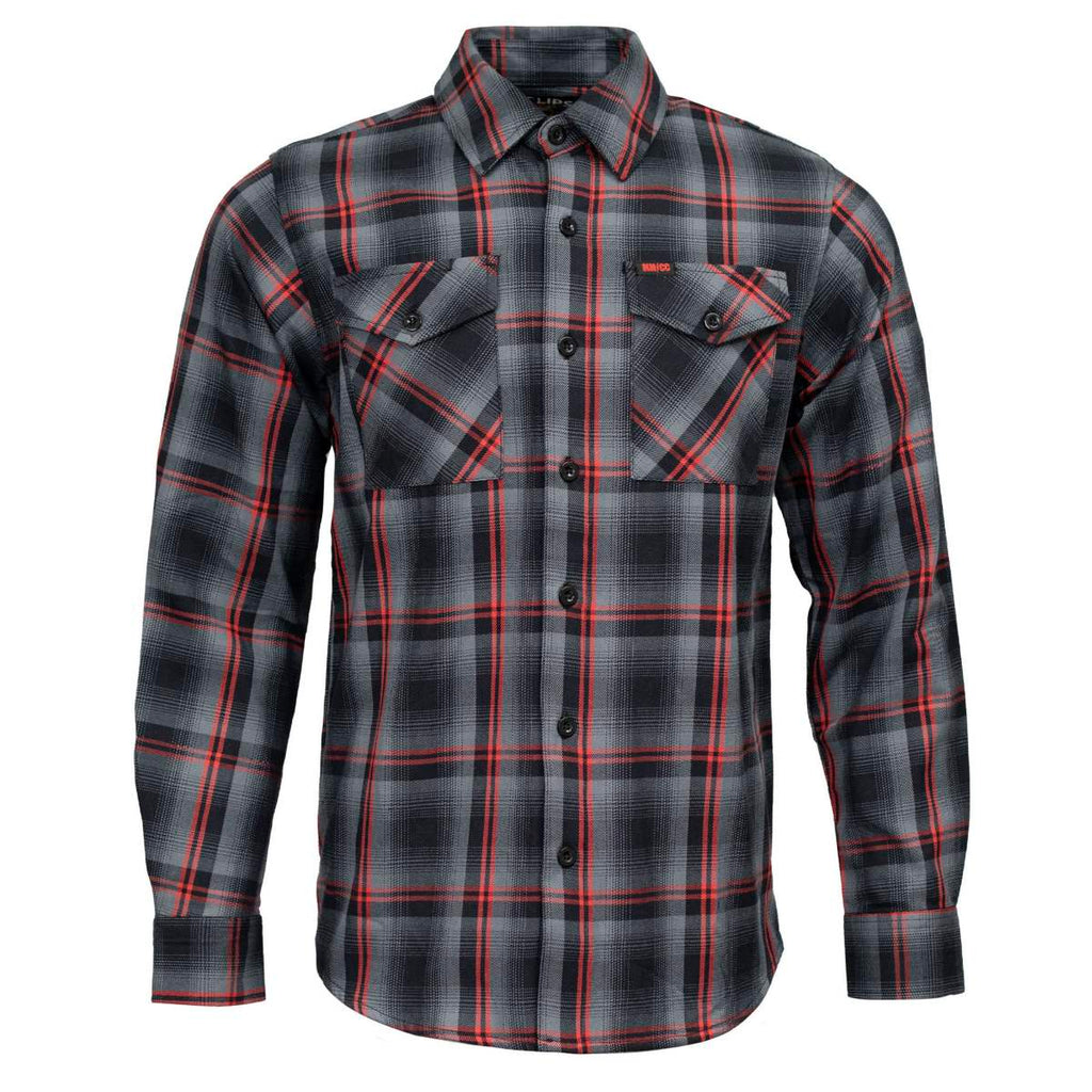 MMCC Men's Eclipse Grey Black Red Plaid Flannel Shirt - 100% Cotton with Microfiber Wipe Panel -MMC11605