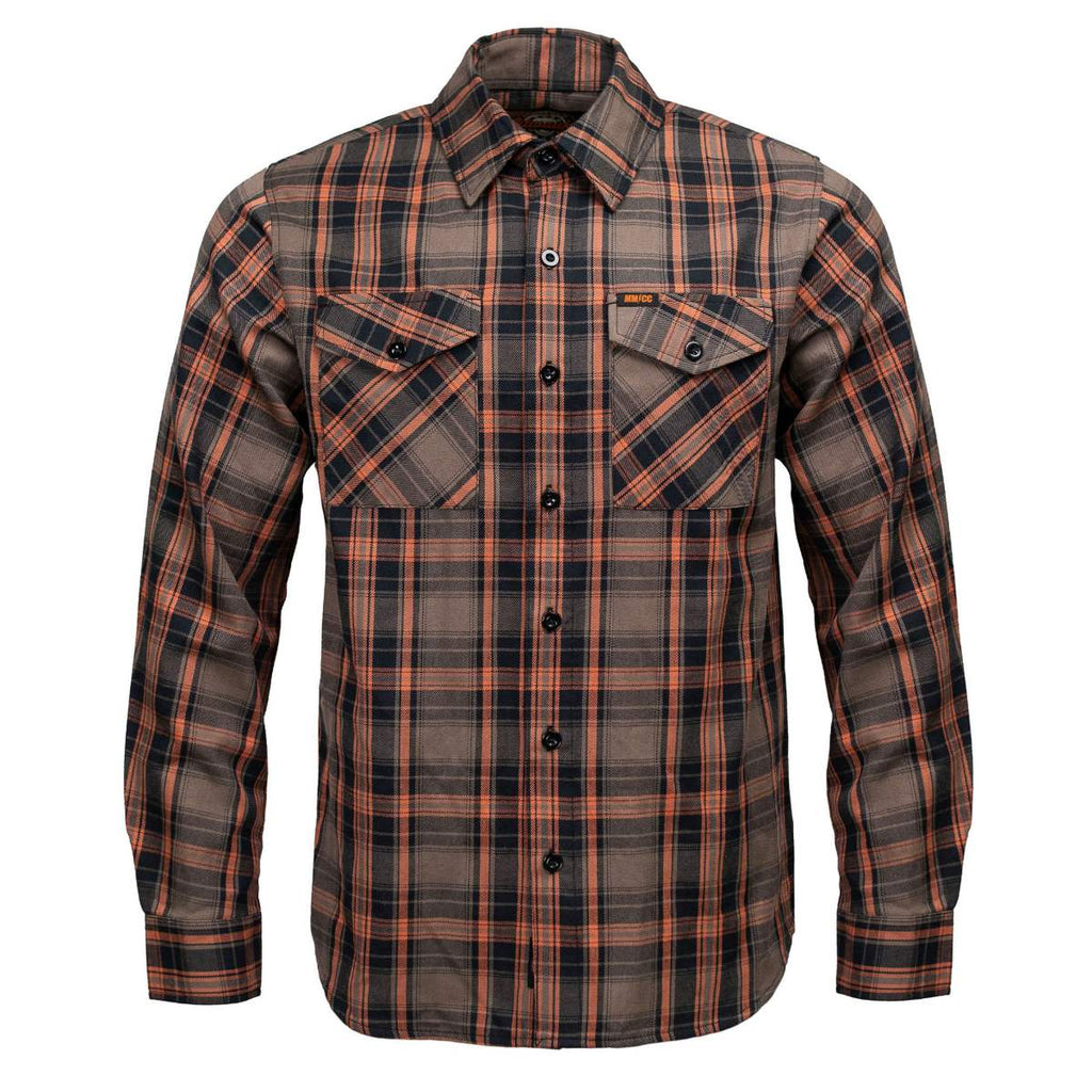 MMCC Men's Brimstone Plaid Black Orange Tan Flannel Shirt - 100% Cotton with Microfiber Wipe Panel - MMC11608
