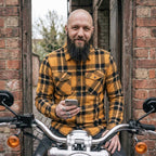 MMCC Deadbolt Men's Mustard Black White Plaid Flannel Shirt - 100% Cotton with Microfiber Wipe Panel - MMC11620