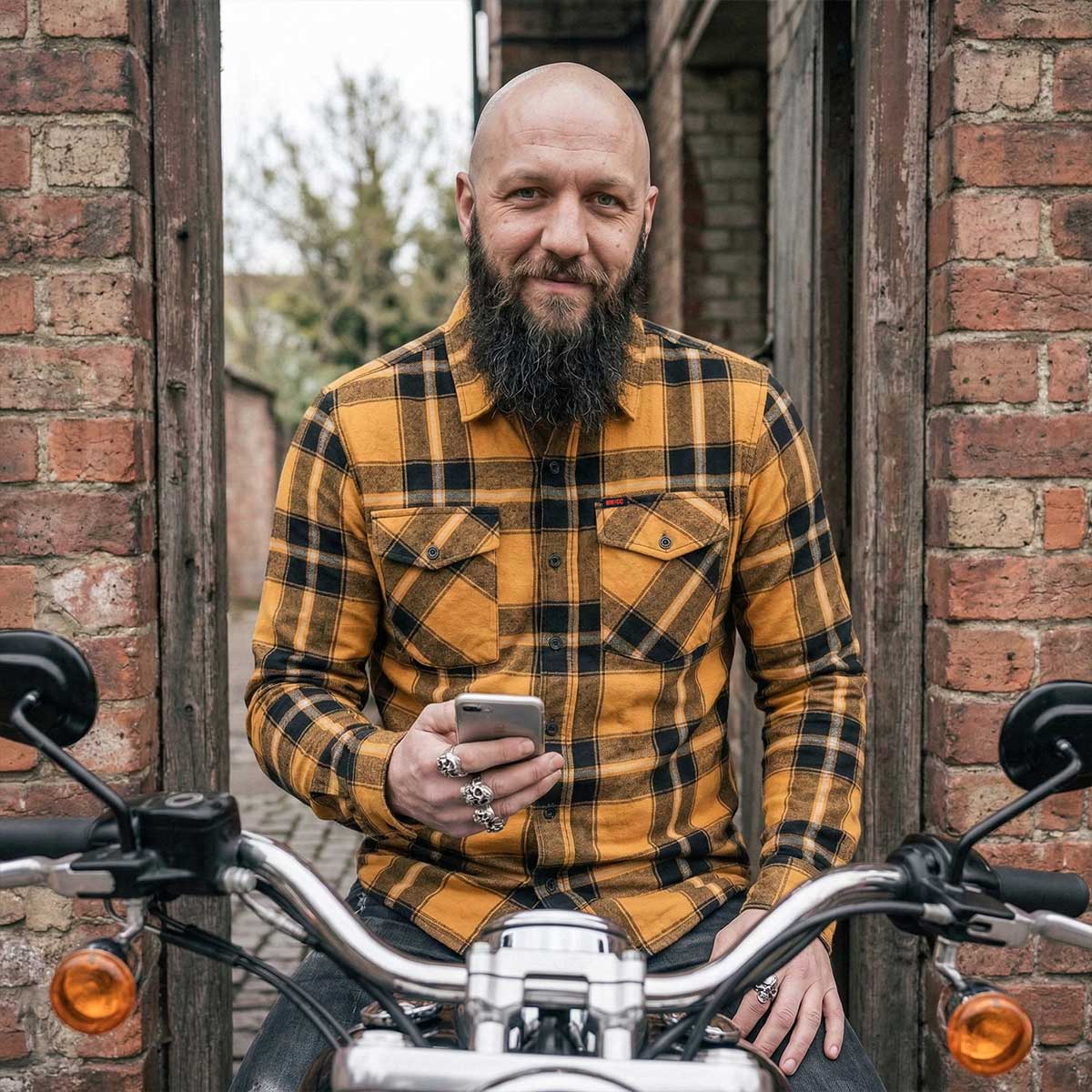 MMCC Deadbolt Men's Mustard Black White Plaid Flannel Shirt - 100% Cotton with Microfiber Wipe Panel - MMC11620