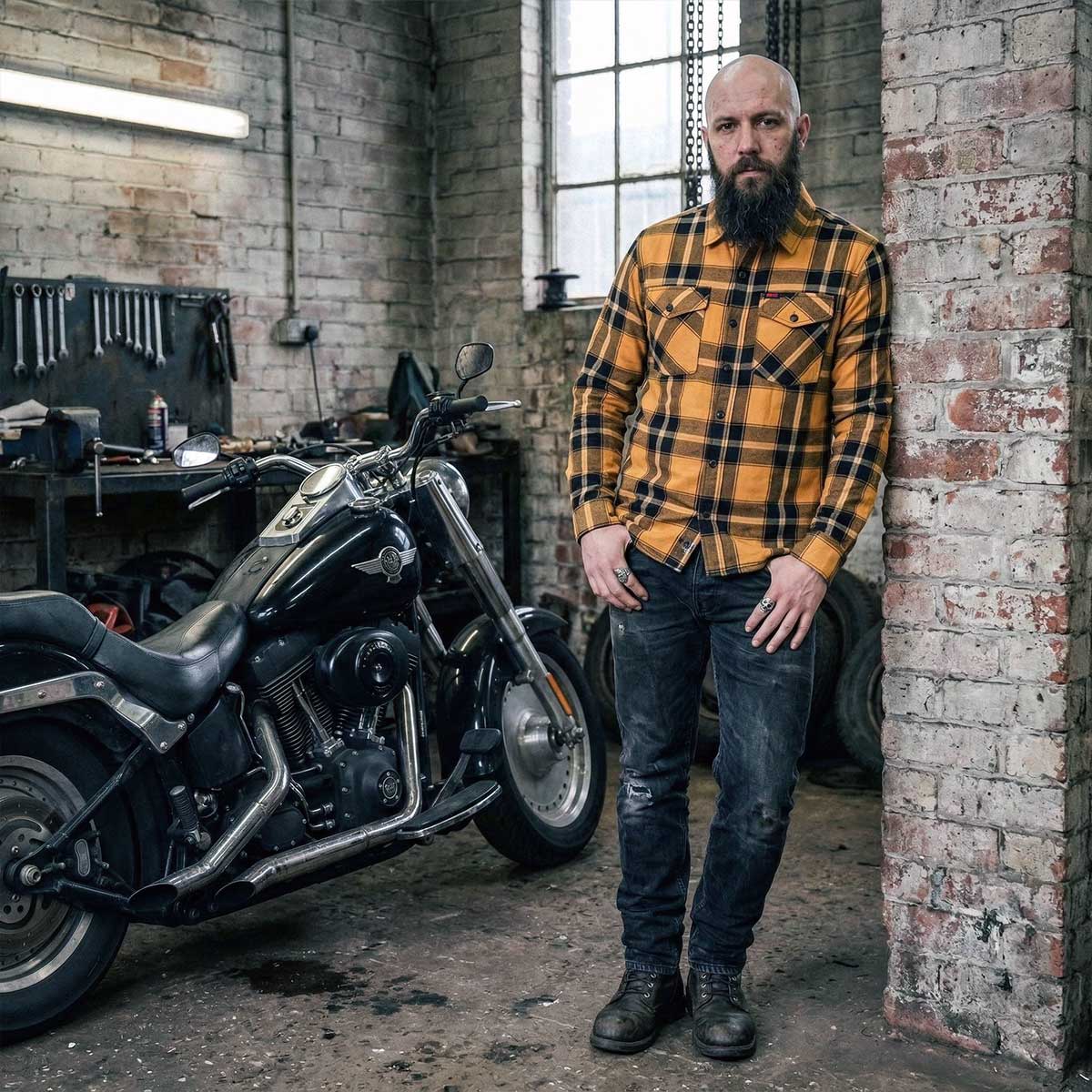 MMCC Deadbolt Men's Mustard Black White Plaid Flannel Shirt - 100% Cotton with Microfiber Wipe Panel - MMC11620
