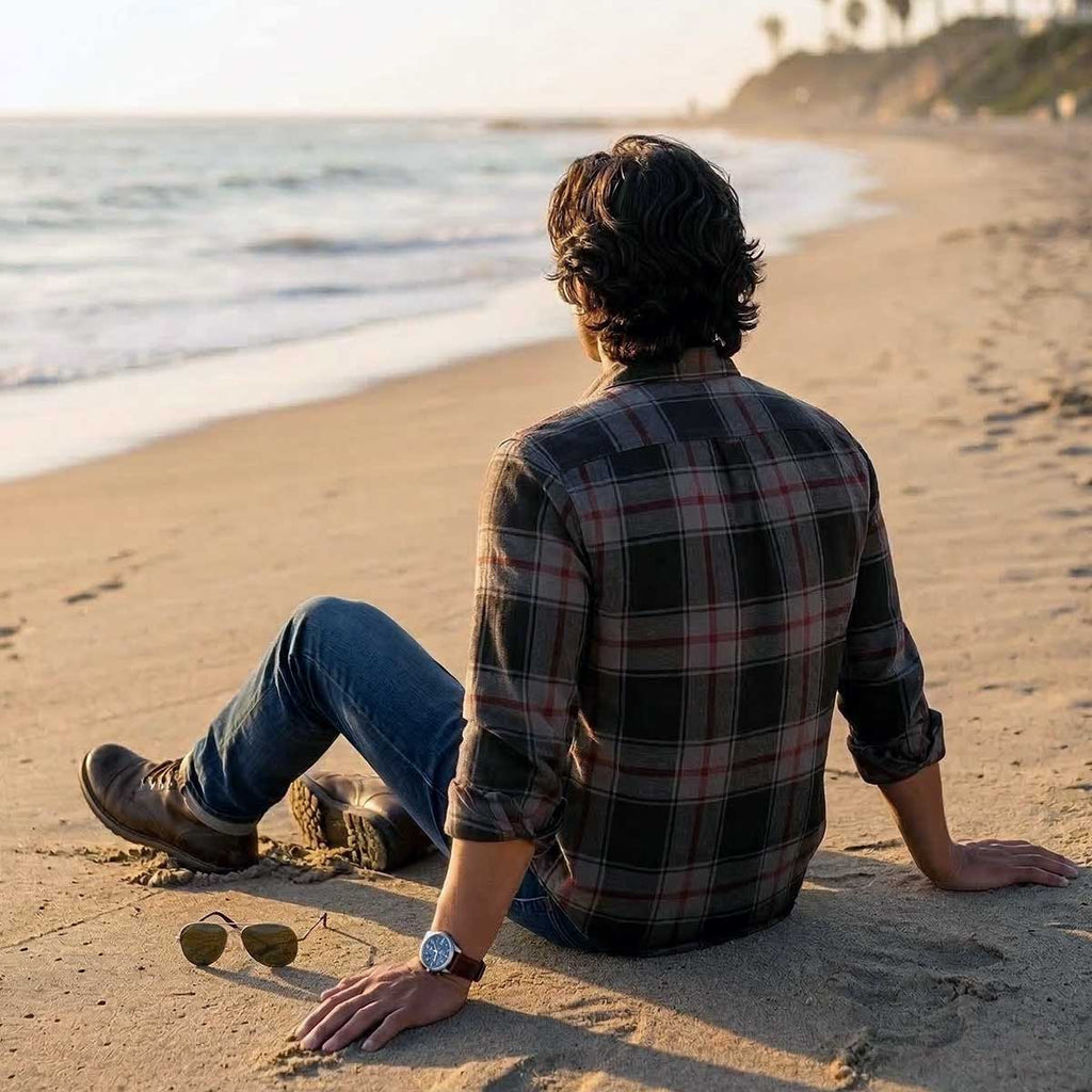 MMCC Blackout Men's Black Gray Red Plaid Flannel Shirt - 100% Cotton Long Sleeve Button-Up - MMC11622