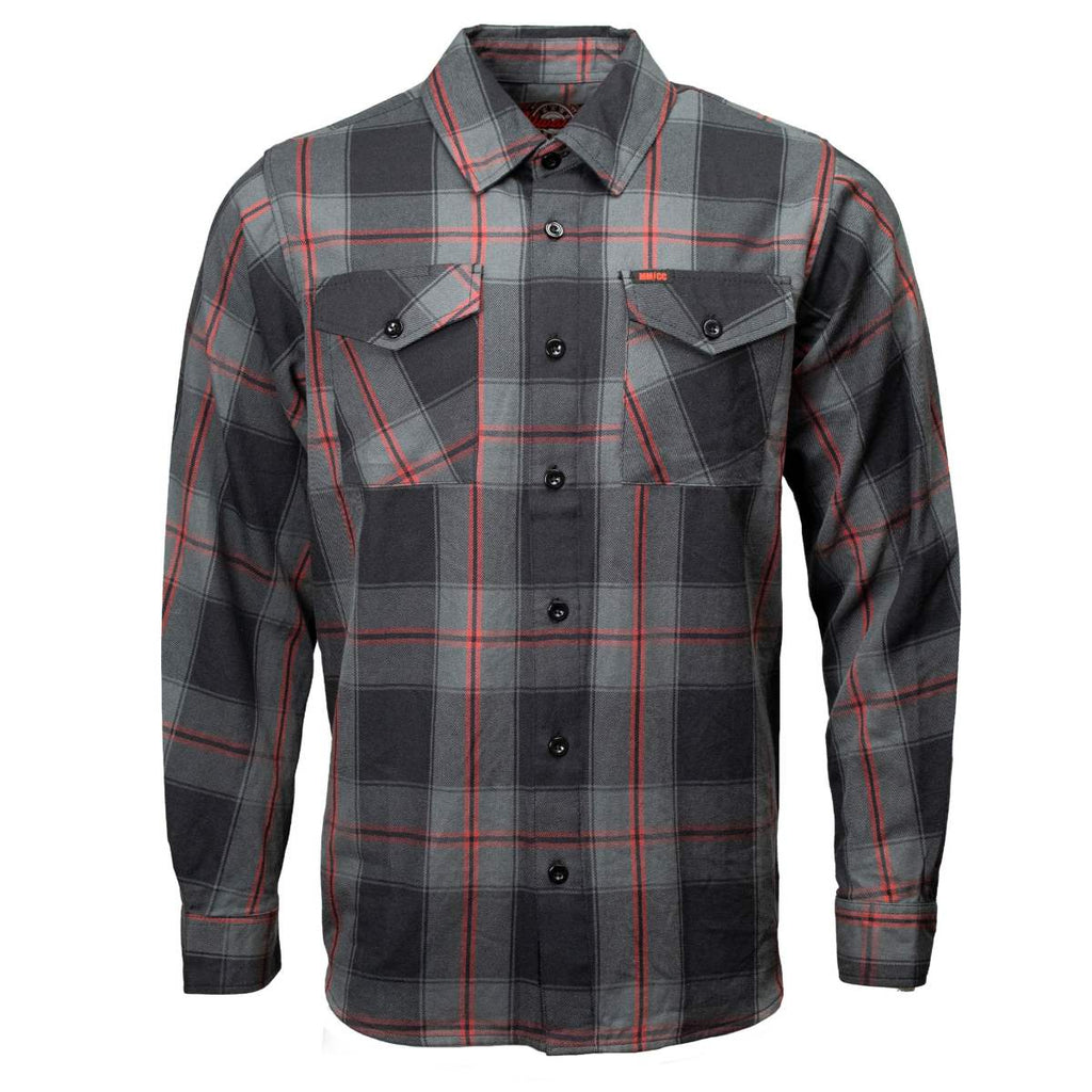 MMCC Blackout Men's Black Gray Red Plaid Flannel Shirt - 100% Cotton Long Sleeve Button-Up - MMC11622