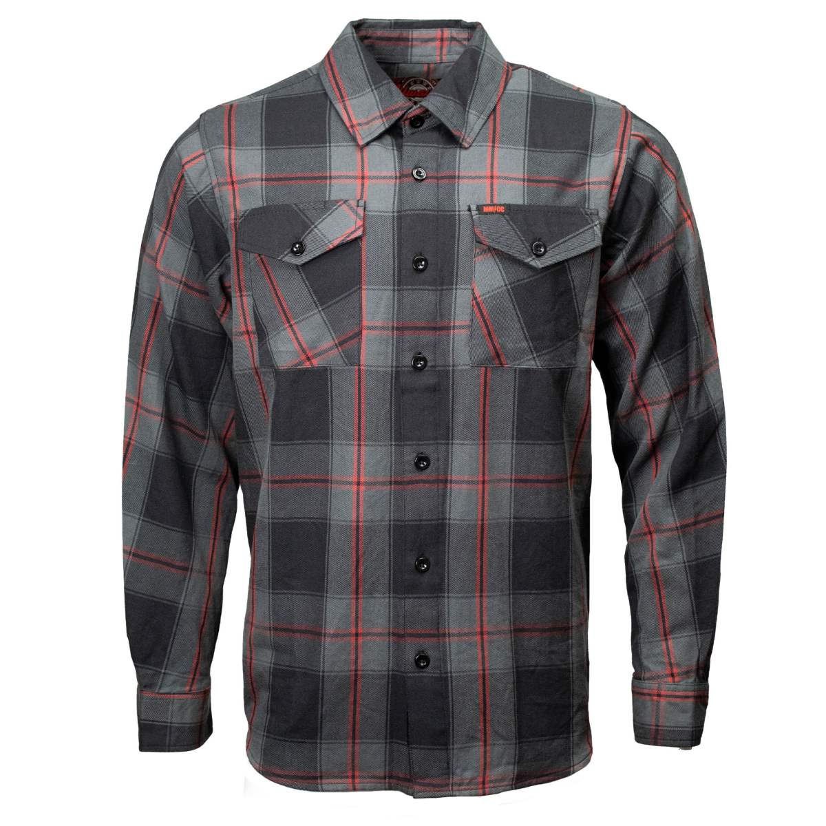 MMCC Blackout Men's Black Gray Red Plaid Flannel Shirt - 100% Cotton Long Sleeve Button-Up - MMC11622