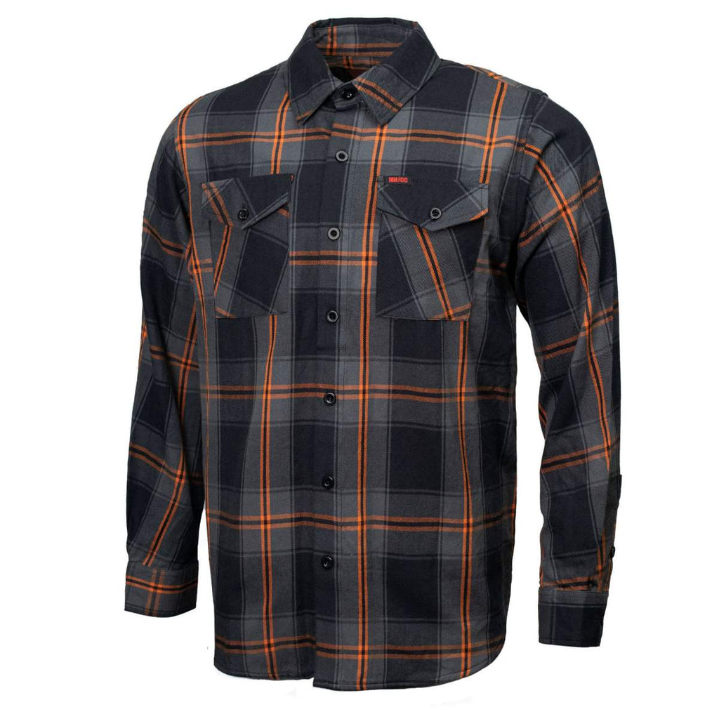MMCC Burnline Men's Black Gray Orange Plaid Flannel Shirt - 100% Cotton Long Sleeve Button-Up - MMC11623