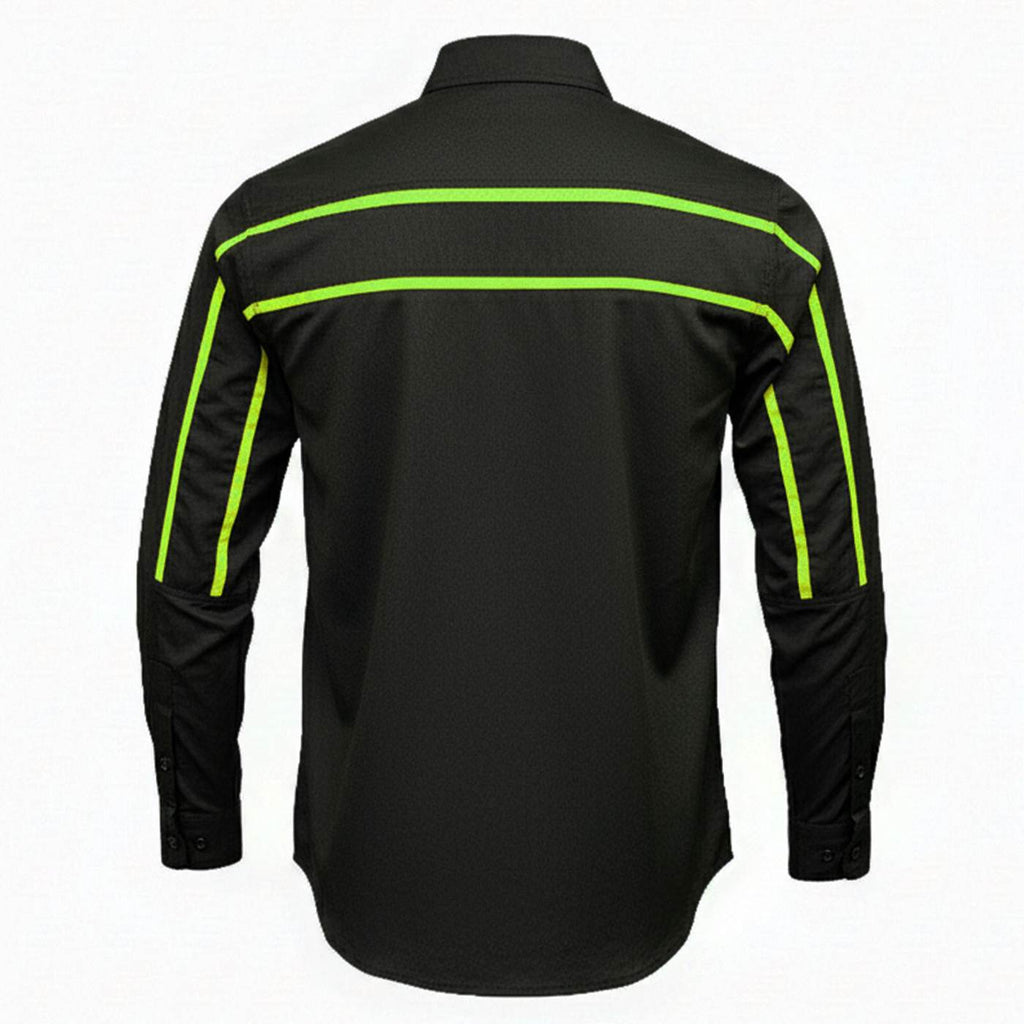 MMCC Men's Octane Long Sleeve Mechanic Shirt - Black with Neon Green Stripe - 50-50 Cotton Poly - MMCC16004