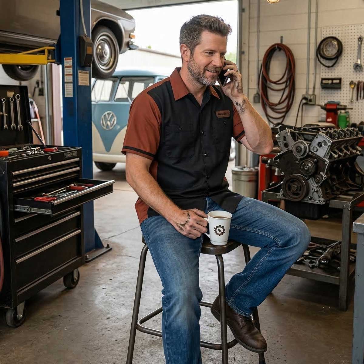 MMCC Men's Pit Line Mechanic Button Up Shirt - Dual Chest Pockets - Microfiber Panel - Rider Ready - MMC16025