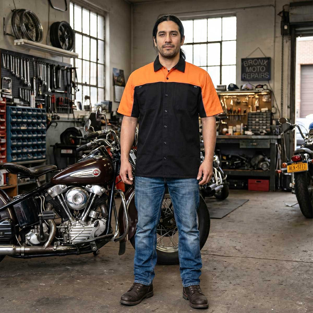 MMCC Men's Reveline Classic Mechanic Shirt - 100% Cotton - 2 Chest Zipper Pockets - Microfiber Panel