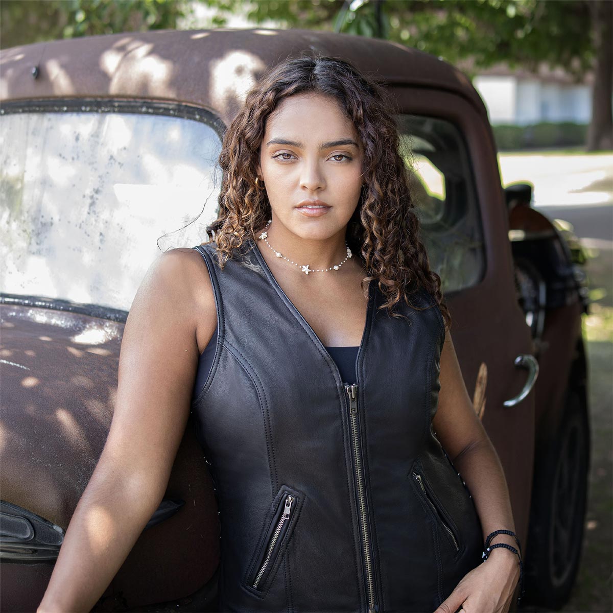 Milwaukee Motorcycle Clothing Co. Women's Jenni Black Premium Leather V-Neck Side Lace Vest MMC40001
