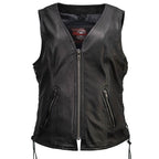 Milwaukee Motorcycle Clothing Co. Women's Jenni Black Premium Leather V-Neck Side Lace Vest MMC40001