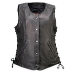 Milwaukee Motorcycle Clothing Co. Women's Born-Free Tall Sizes Black Leather Vest w/ V-Neck, Side Lace, Snap MMC40002