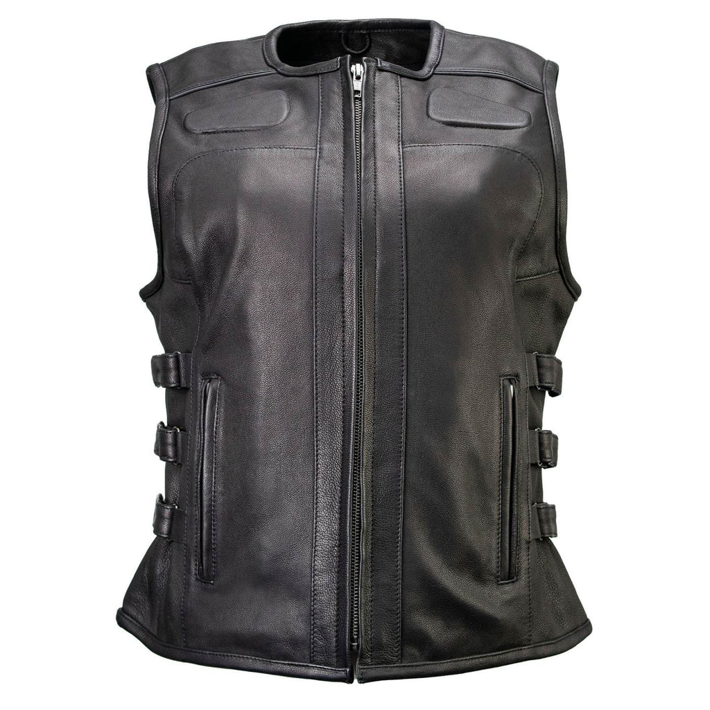 Milwaukee Motorcycle Clothing Co. Women's Gixxer Black Premium Leather Vest w/ Round Neck Side Buckle MMC40003