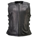 Milwaukee Motorcycle Clothing Co. Women's Gixxer Black Premium Leather Vest w/ Round Neck Side Buckle MMC40003