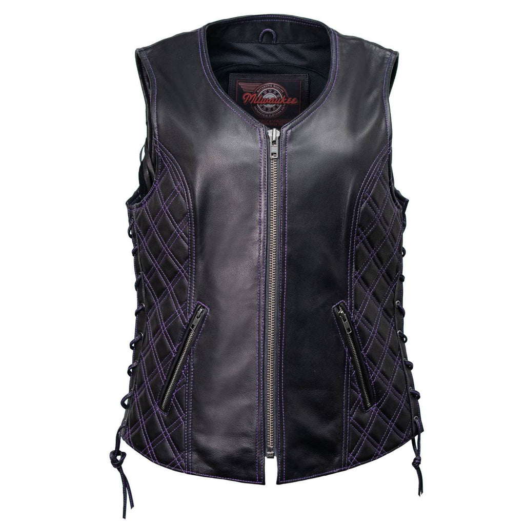 Milwaukee Motorcycle Clothing Co. Women’s Liberty Black and Purple Leather V-Neck Biker Vest w/ Side Lacing MMC40006
