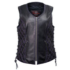 Milwaukee Motorcycle Clothing Co. Women’s Liberty Black and Purple Leather V-Neck Biker Vest w/ Side Lacing MMC40006