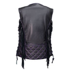 Milwaukee Motorcycle Clothing Co. Women’s Liberty Black and Purple Leather V-Neck Biker Vest w/ Side Lacing MMC40006