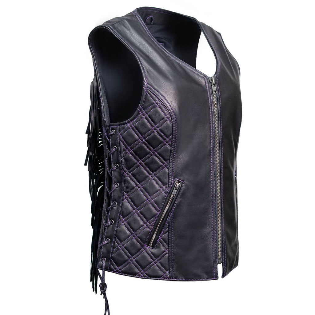 Milwaukee Motorcycle Clothing Co. Women’s Liberty Black and Purple Leather V-Neck Biker Vest w/ Side Lacing MMC40006