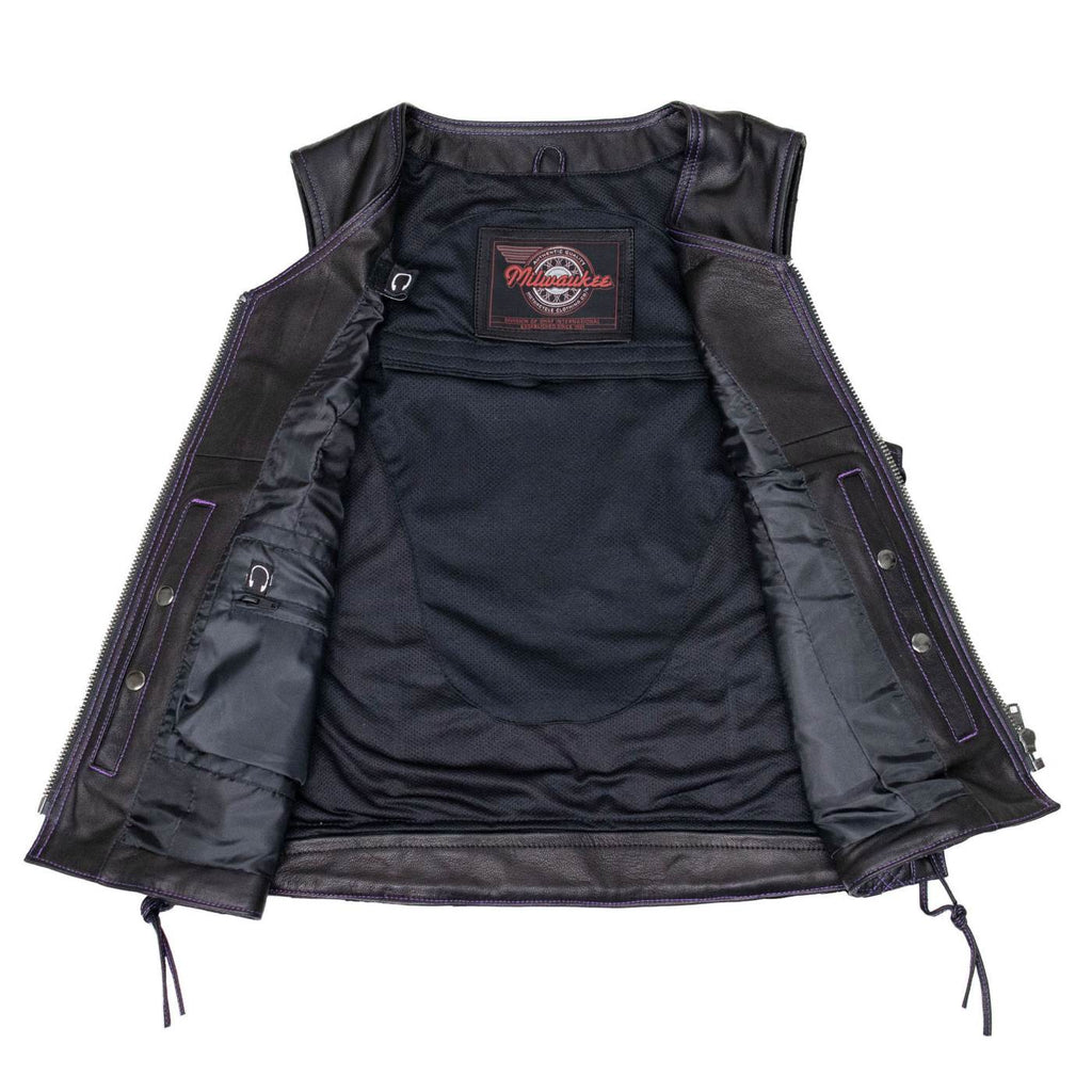 Milwaukee Motorcycle Clothing Co. Women’s Liberty Black and Purple Leather V-Neck Biker Vest w/ Side Lacing MMC40006
