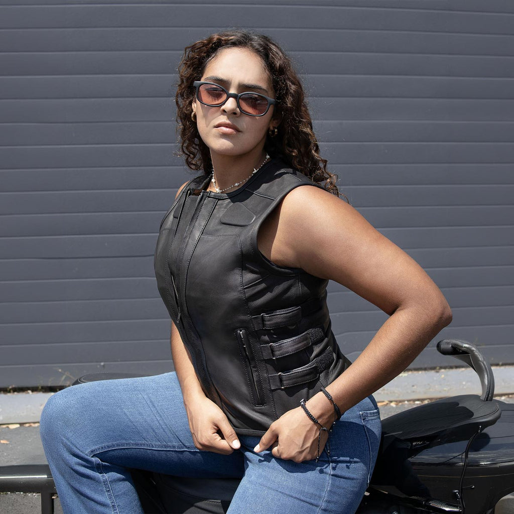 Milwaukee Motorcycle Clothing Co. Women's Gixxer Black Premium Leather Vest w/ Round Neck Side Buckle MMC40003
