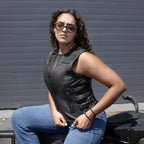 Milwaukee Motorcycle Clothing Co. Women's Gixxer Black Premium Leather Vest w/ Round Neck Side Buckle MMC40003