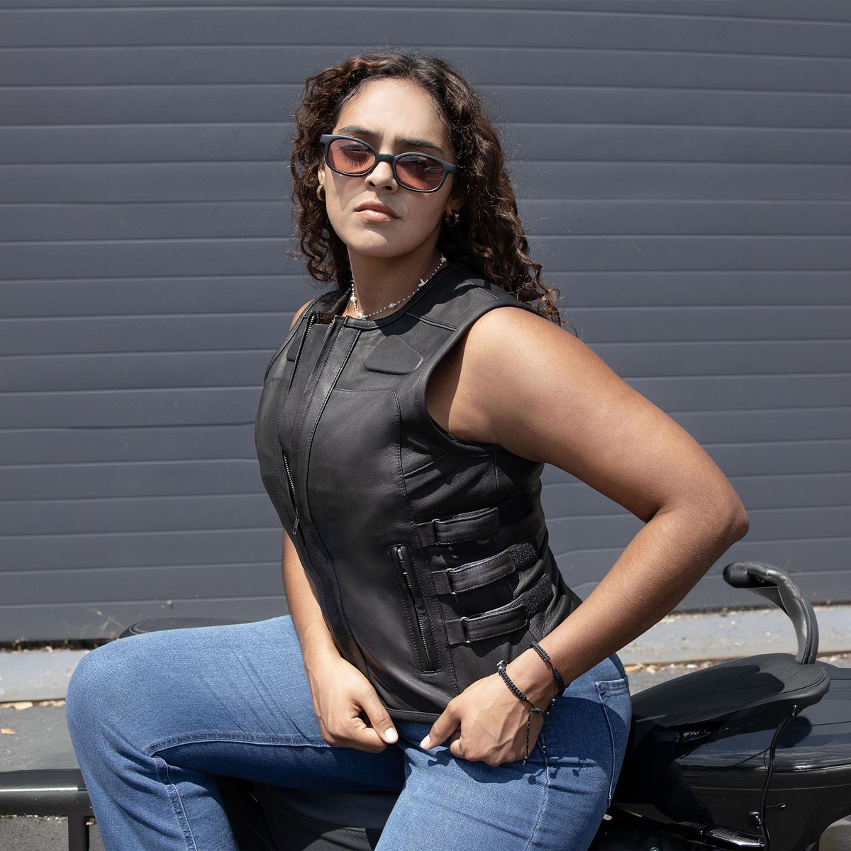 Milwaukee Motorcycle Clothing Co. Women's Gixxer Black Premium Leather Vest w/ Round Neck Side Buckle MMC40003